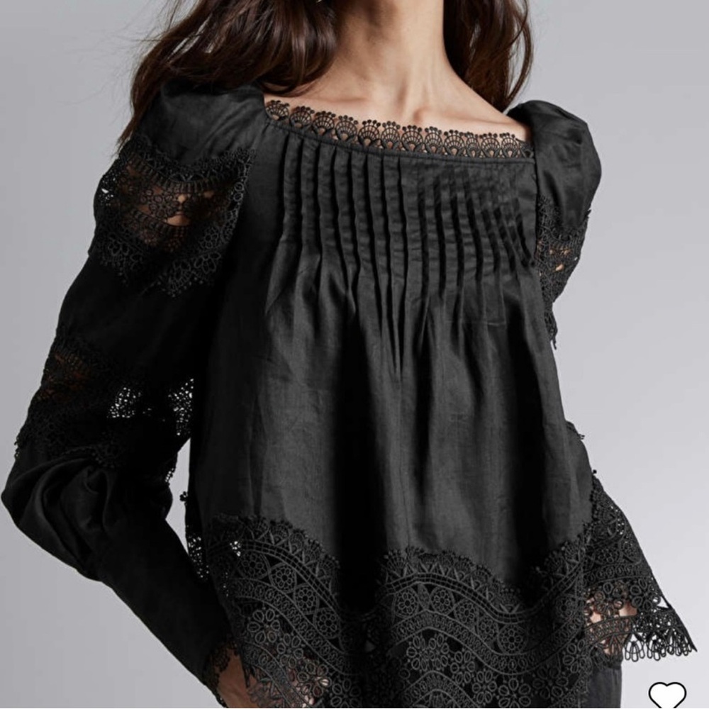 & Other Stories Black Lace-Trim Pintuck Blouse